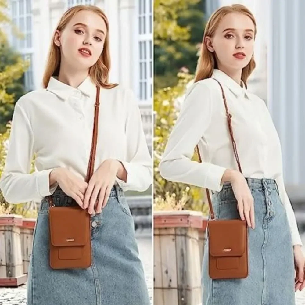 Women's Vegan Leather Carmel Brown Cell Phone Crossbody Bag With RIFD Protection - Picture 2 of 6